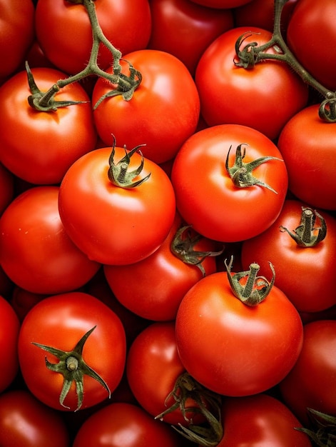 Auf einem Markt wird eine große Gruppe roter Tomaten ausgestellt.