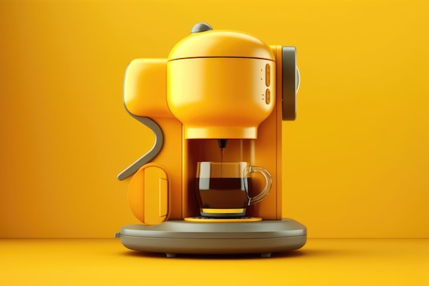Auf einem orangefarbenen Hintergrund steht eine leuchtend gelbe Kaffeemaschine