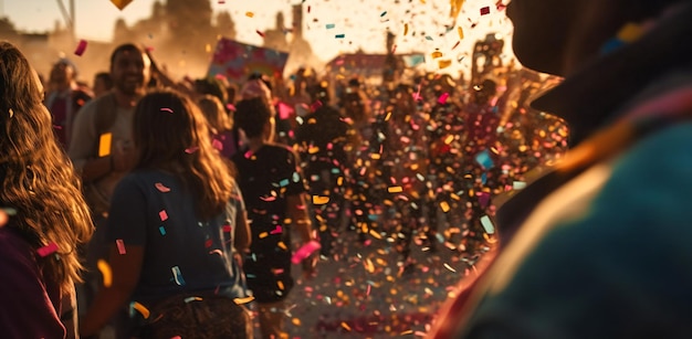 Auf einem Outdoor-Festival sind mehrere Menschen mit buntem Konfetti unterwegs