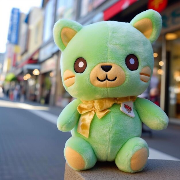 Auf einem Pfosten auf der Straße sitzt ein grüner Teddybär