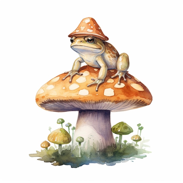 Auf einem Pilz sitzt ein Frosch mit Hut auf generativer KI