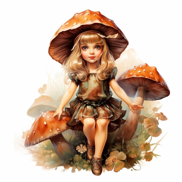 Auf einem Pilz sitzt ein Mädchen mit Hut und generativer KI