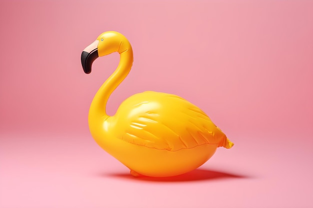 Auf einem rosa Hintergrund befindet sich ein gelber Plastikflamingo.