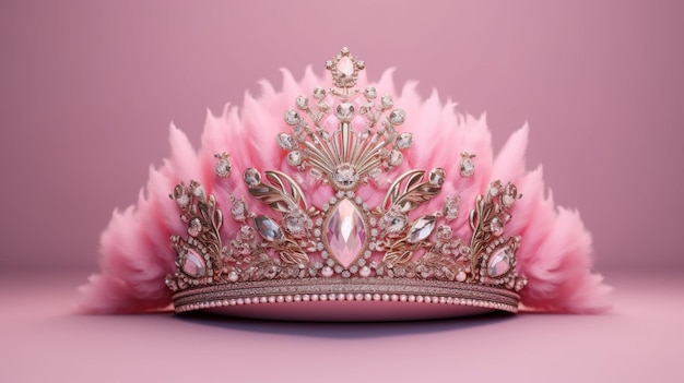 Auf einem rosa Hintergrund befindet sich eine Tiara mit einer rosa Feder darauf.