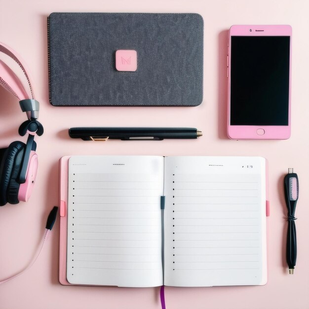 Foto auf einem rosa tisch liegen ein rosa notizbuch, ein stift, ein kugelschreiber und ein notizbuch.