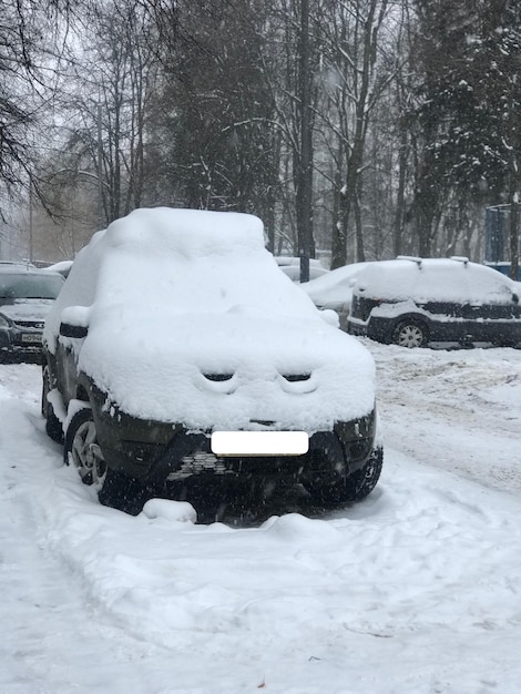 Foto auf einem schneebedeckten auto ist ein gesicht zu sehen.