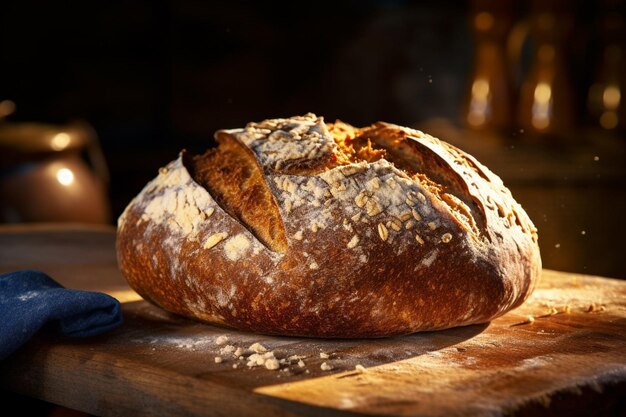 Auf einem Schneidebrett liegt ein Laib Brot mit einer generativen Handschuh-KI