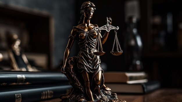 Auf einem Schreibtisch sitzt die Statue einer Richterin mit einem Buch über Strafverfolgung.
