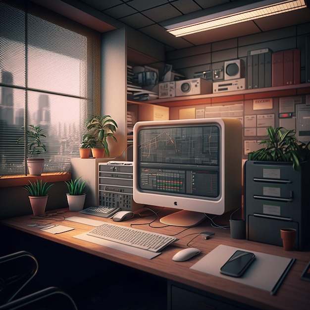 Auf einem Schreibtisch steht ein Computermonitor mit einer Pflanze im Hintergrund.