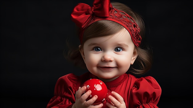 Auf einem schwarzen Hintergrund spielt ein schönes Kind, das rot mit einer roten Schleife trägt, mit einem roten Ball.