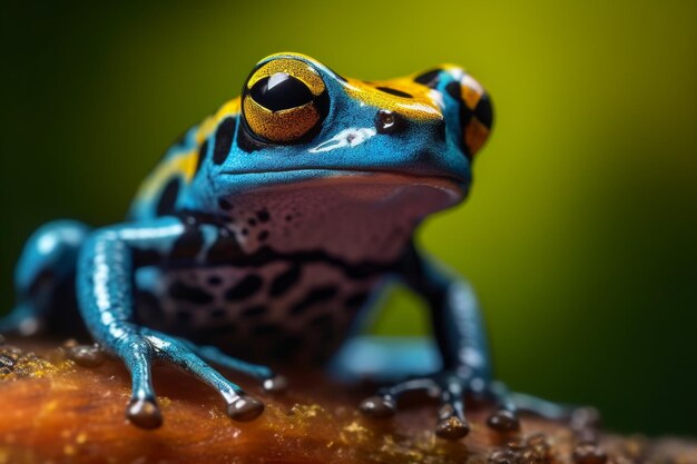 Auf einem Stück Holz sitzt ein blau-gelber Frosch