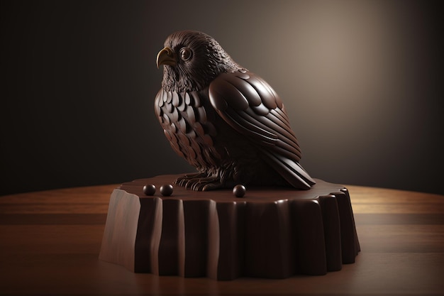 Auf einem Stück Holz sitzt eine Schokoladenskulptur eines Vogels.