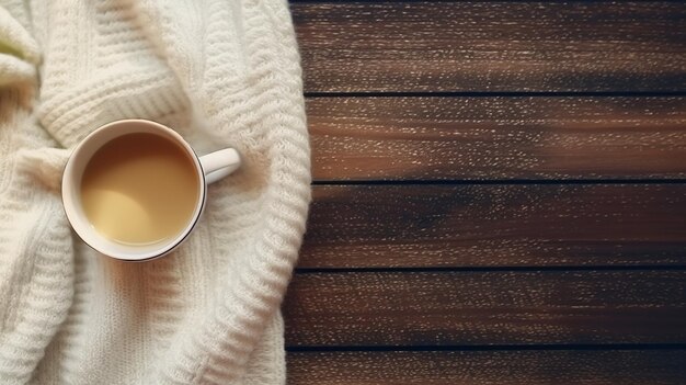 Auf einem Stuhl mit einer Wolldecke steht eine Tasse heißer Latte