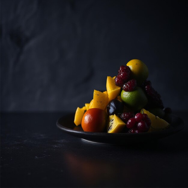 Foto auf einem teller in der küche gestapelte früchte, seitlich zu sehen v14