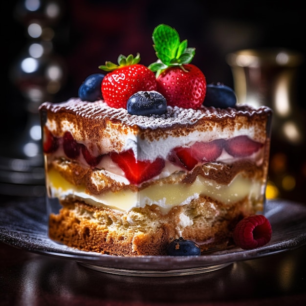 Auf einem Teller liegt ein Kuchen mit Beeren.