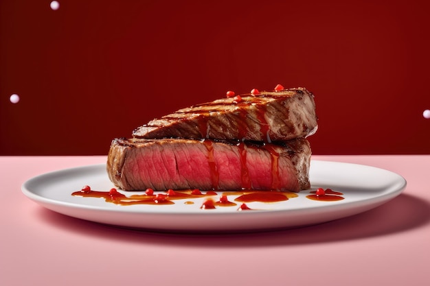 Auf einem Teller liegt ein Steak mit roter Soße.