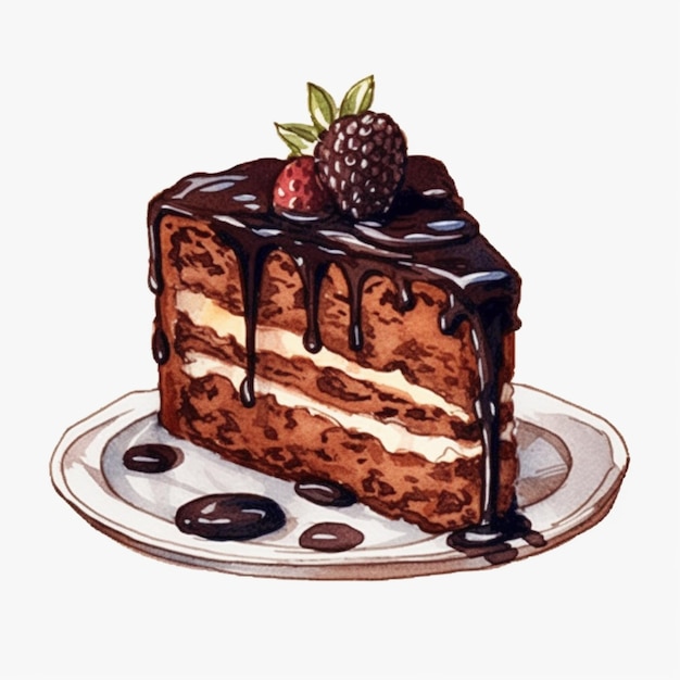 Auf einem Teller liegt ein Stück Kuchen mit Schokoladensauce und Erdbeeren