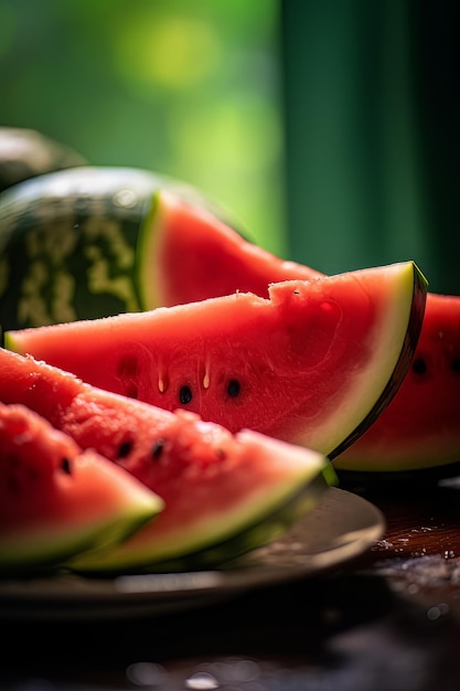 Auf einem Teller liegt eine Scheibe Wassermelone