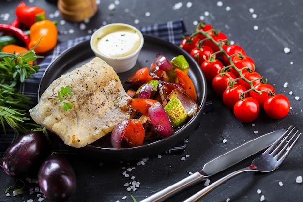 auf einem teller liegt gebratenes fischsteak mit gemüse, kirschtomaten, besteck auf einem schwarzen isolierten