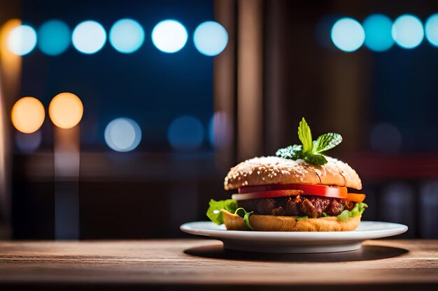 Auf einem Teller sitzt ein Hamburger mit einem grünen Blatt, dahinter steht eine Kerze.