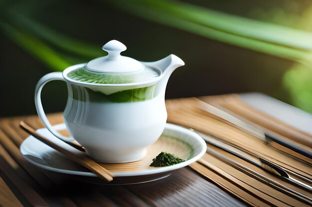 Auf einem Teller steht eine Teekanne mit Deckel, dahinter ein grünes Blatt.