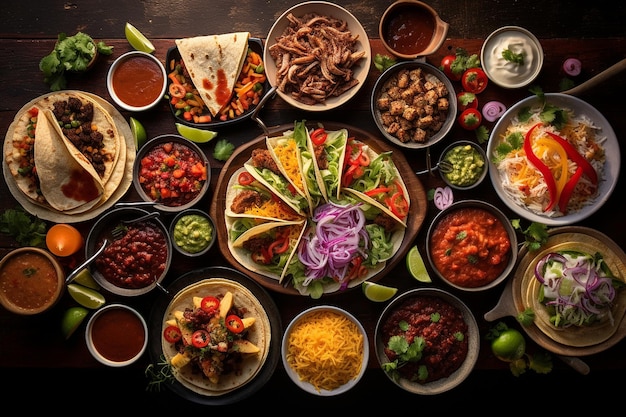 Auf einem Tisch befindet sich eine farbenfrohe Auflage mexikanischer Gerichte.