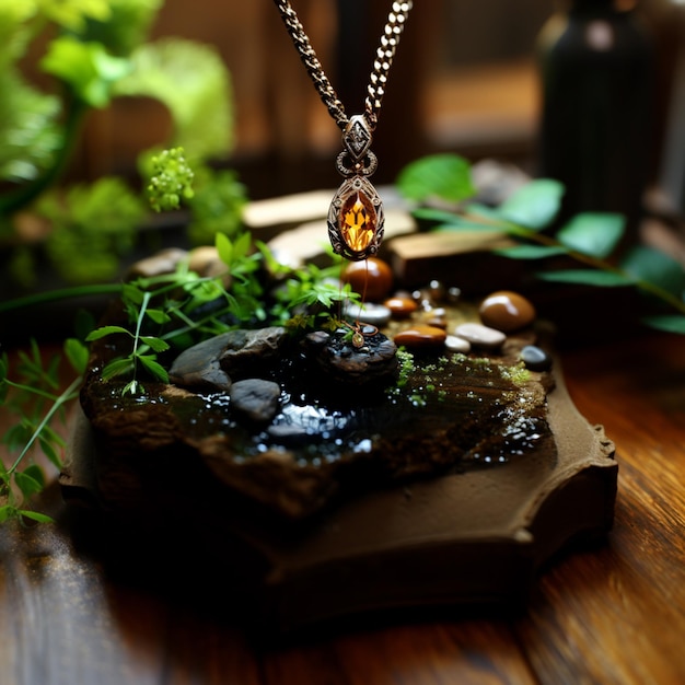 Auf einem Tisch hängt eine Halskette mit einem Kristall.