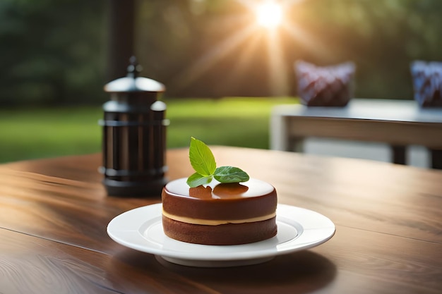 Auf einem Tisch im Garten steht ein Teller Schokoladenkuchen mit einem Blatt darauf.