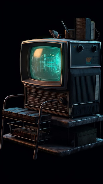 Auf einem Tisch in einem dunklen Raum steht ein alter Fernseher