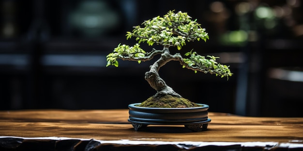 Auf einem Tisch in einem Raum mit generativer KI steht ein Bonsai-Baum