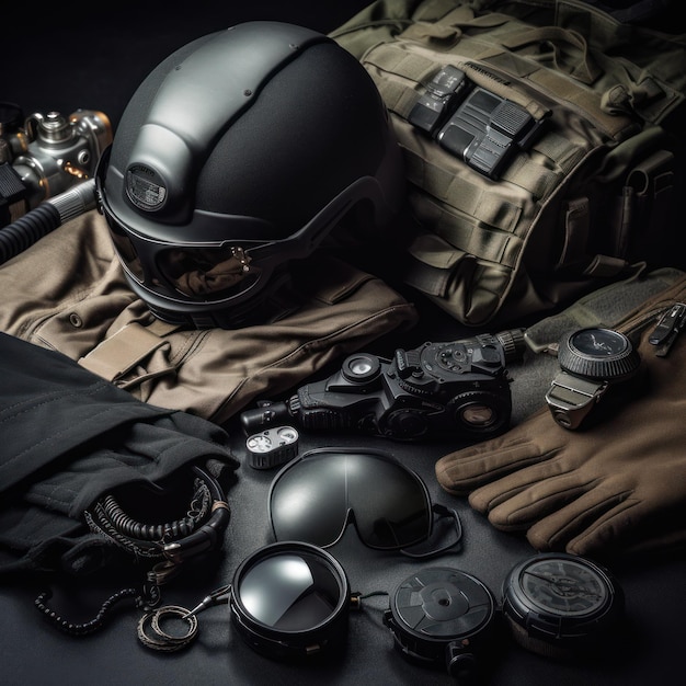 Auf einem Tisch liegen ein Helm und andere Gegenstände, darunter ein Helm, Handschuhe und eine Waffe.