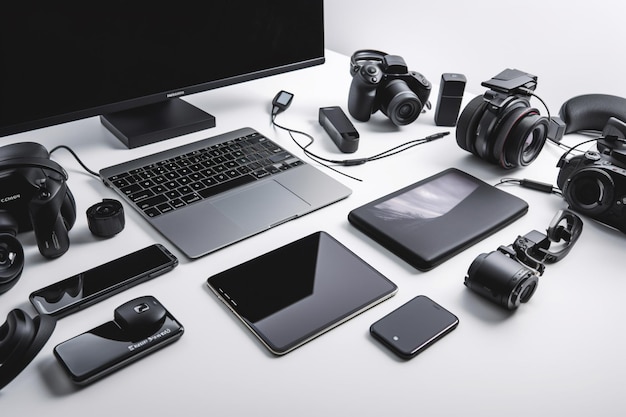 Auf einem Tisch liegen ein Laptop, ein Telefon, eine Kamera und andere elektronische Geräte.