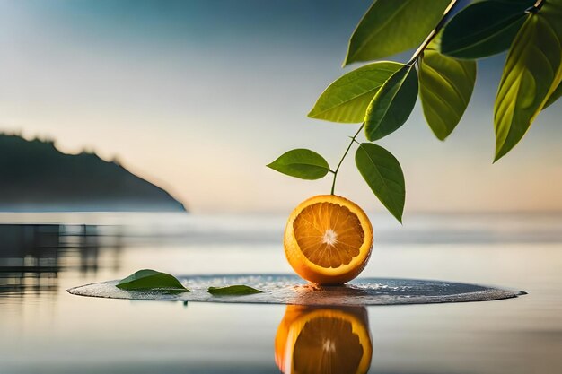 Foto auf einem tisch liegt eine halbe orange, im wasser spiegelt sich ein ast.