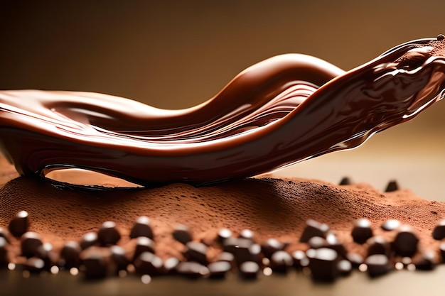 Auf einem Tisch liegt eine Tafel Schokolade, auf der Kaffeebohnen verstreut sind.