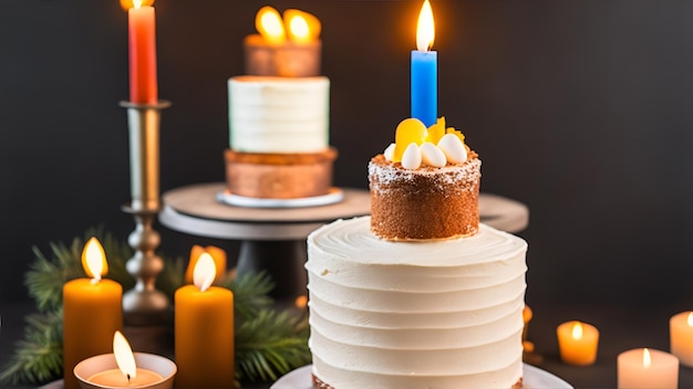 Auf einem Tisch mit anderen Kerzen steht ein Kuchen mit einer blauen Kerze darauf.