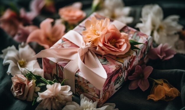 Auf einem Tisch mit Blumen steht eine Geschenkbox mit rosa Schleife und rosa Schleife