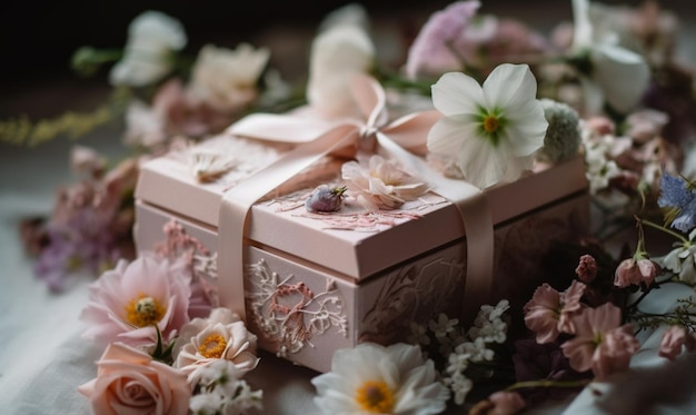 Auf einem Tisch mit Blumen steht eine rosa Schachtel mit einer Schleife darauf