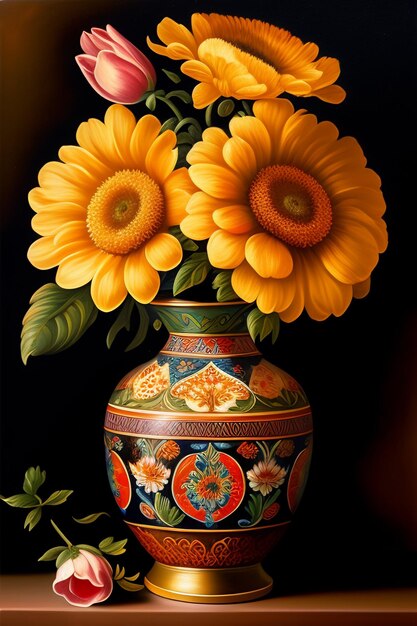 Auf einem Tisch mit Blumenmuster steht eine Vase mit Blumen.