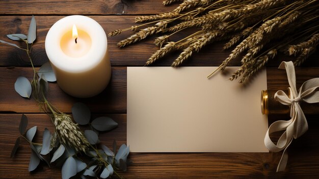 Foto auf einem tisch mit einem blumenstrauß liegen eine kerze und eine karte