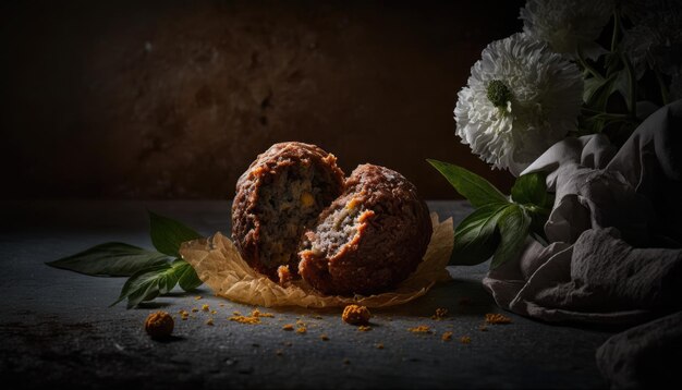 Auf einem Tisch mit einem Blumenstrauß sitzt ein halbierter Muffin.