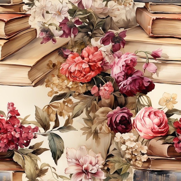 Auf einem Tisch mit einer Vase stehen viele Bücher und Blumen