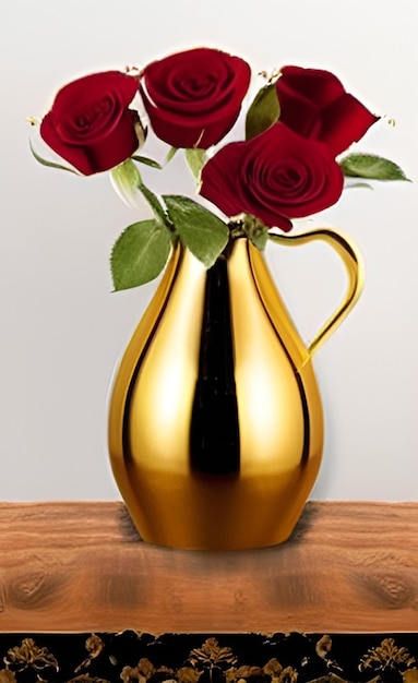 Auf einem Tisch mit weißem Hintergrund steht eine Vase mit Rosen.
