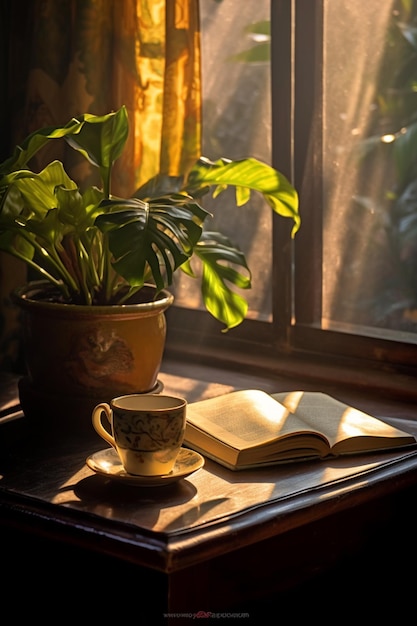 Auf einem Tisch neben einem Fenster stehen ein Buch und eine Tasse. Generative KI