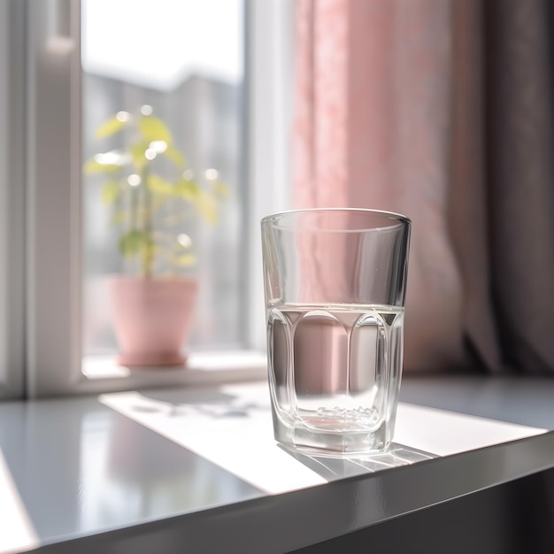 Auf einem Tisch neben einem Fenster steht ein Glas Wasser.