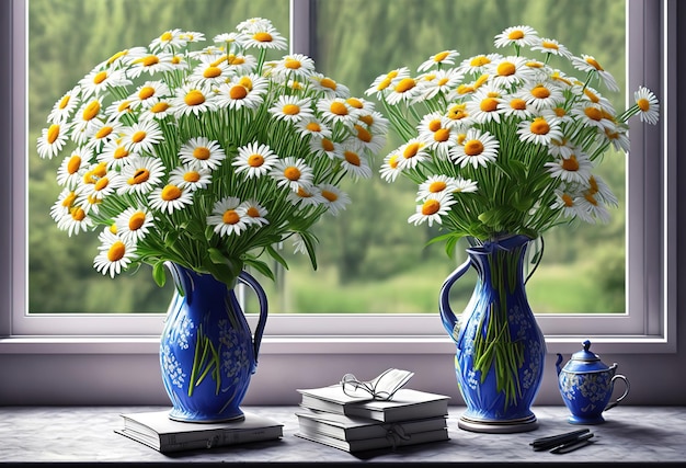 Auf einem Tisch neben einem Fenster steht eine Vase mit Gänseblümchen.