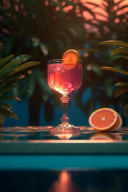 Auf einem Tisch neben einer Pflanze steht ein rosa Cocktail mit einer Orangenscheibe am Rand.