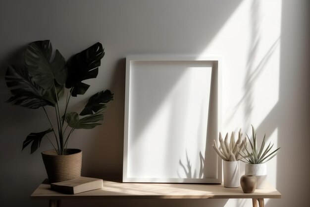 Auf einem Tisch neben einer Pflanze steht ein weißer Rahmen.