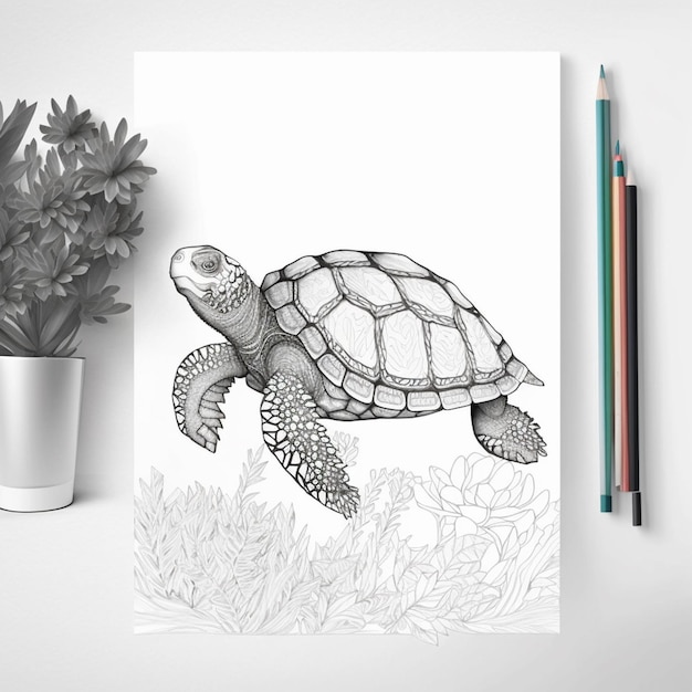Foto auf einem tisch neben einer pflanzlichen generativen ki befindet sich die zeichnung einer schildkröte