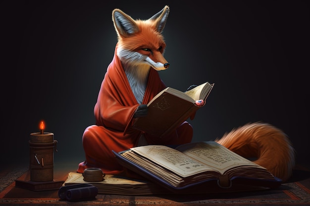 Auf einem Tisch sitzt ein Fuchs mit einem Buch in der Hand.