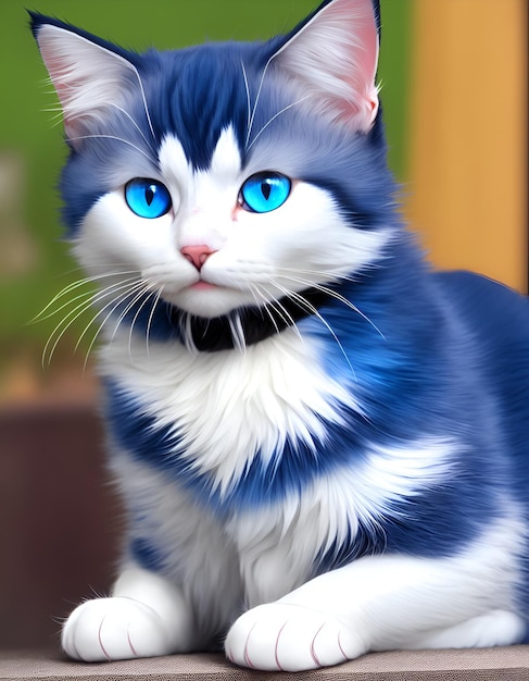 Auf einem Tisch sitzt eine Katze mit blauen Augen.